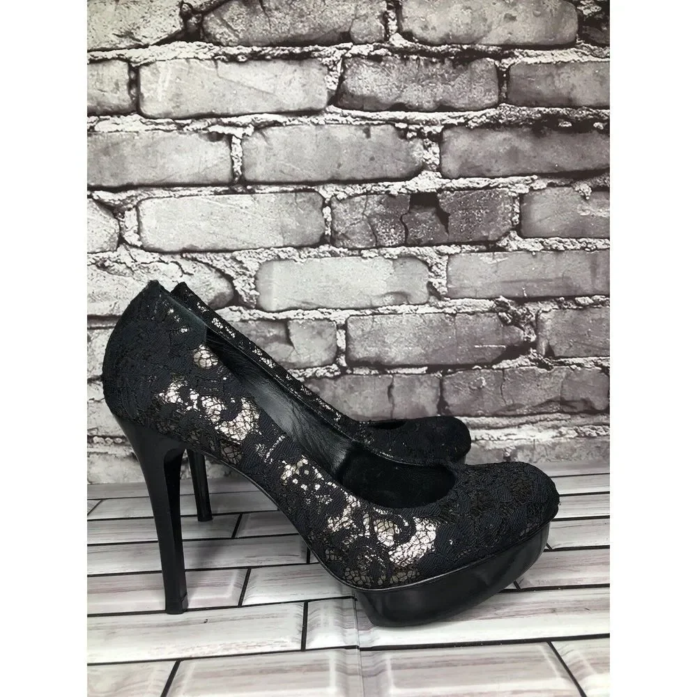 Tory Burch Black Leather Floral Fabric Platform Stiletto High Heels Women Sz 8M - Picture 4 of 16